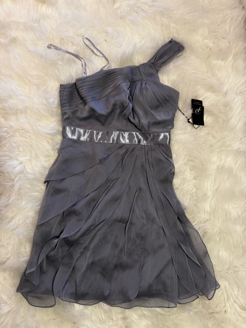 Adrianna Papell Draped One-Shoulder Flutter Chiffon Dress Size 8 NWT Silver Gray - Picture 2 of 12
